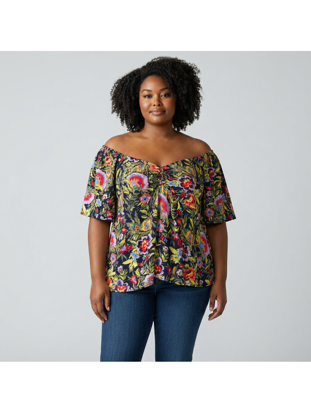 Terra & Sky Blouse Women 2X Plus Black Floral Short Sleeve V-Neck Casual